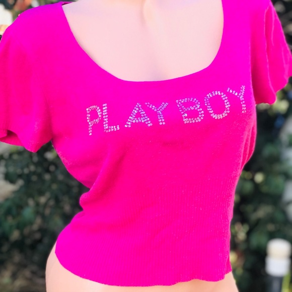 Playboy bunny sweater top Pink retro Dollbaby shirt sexy cap sleeve crop Y2K vtg - Picture 4 of 9